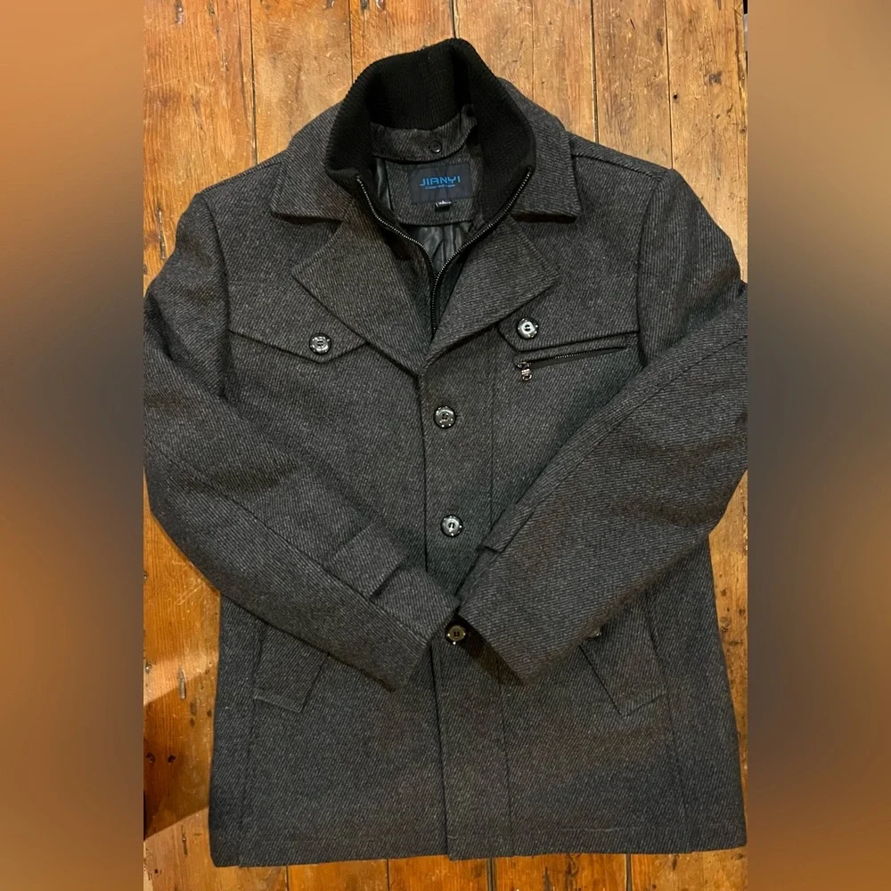 Jianyi Men's Winter Pea Coat Slim Fit Single Breasted Wool Jacket Size Large - Picture 3 of 10